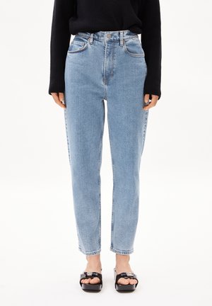 Light blue denim jeans with a high waist, straight leg design, featuring subtle fading, five pockets, and a button front.