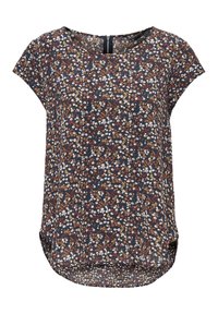 Blouse à manches courtes avec petit motif floral multicolore en tons marron, blanc, rouge et bleu, ourlet arrondi et fermeture éclair dans le dos.
