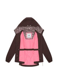 Veste à capuche marron foncé avec doublure intérieure rose et tissu à motif floral autour de la capuche, vue avant ouverte montrant l'étiquette de la marque à l'intérieur.