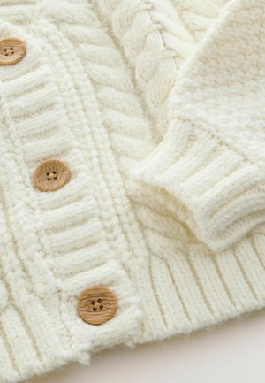 Crème-kleurige gebreide cardigan met een dik kabelbreipatroon, geribbelde manchetten en houten knopen voor de sluiting. Zacht, geweven stof.