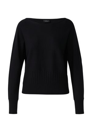Zwarte gebreide sweater met een brede bateauhals, lange mouwen en een geribbelde zoom voor een snug fit. Glad textuur met minimale details.