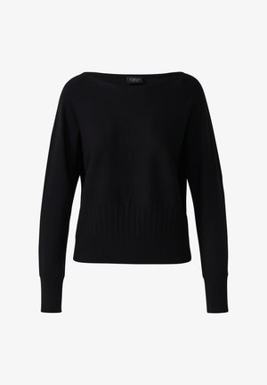 Zwarte gebreide sweater met een brede bateauhals, lange mouwen en een geribbelde zoom voor een snug fit. Glad textuur met minimale details.