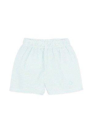 Krótkie spodenki z pionowymi paskami w kolorze jasnoniebieskim i białym, z elastycznym paskiem i małym haftowanym logo na dolnej lewej nodze.