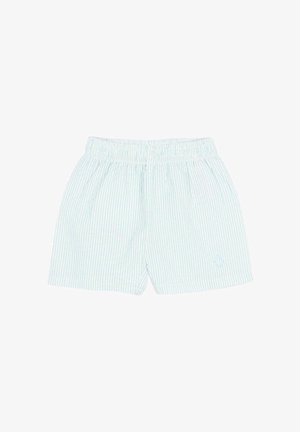 Pantaloncini con vita elastica a righe verticali azzurro chiaro e bianco con un piccolo logo ricamato sulla parte inferiore della gamba sinistra.