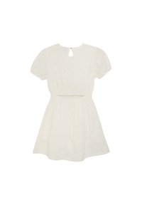 Abito bianco con maniche a sbuffo corte e schiena a chiave. Presenta una vita aderente e una gonna a strati con orlo a goccia e texture floreale.