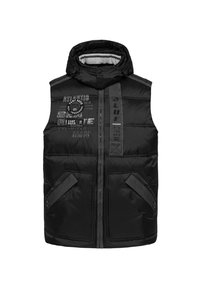 Schwarze Daunenweste mit Kapuze, ausgestattet mit einem Reißverschluss vorne und zwei Seitentaschen. Mit gedruckten Grafiken und einem Stoffpatch auf der linken Brust.
