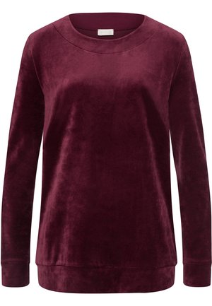 Sudadera de terciopelo burdeos de manga larga con cuello redondo, textura suave y puños acanalados. Diseñada para la comodidad y el uso casual.