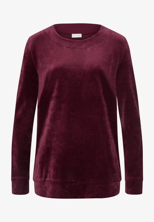 Sweatshirt en velours bordeaux à manches longues avec un col rond, à la texture douce et aux poignets côtelés. Conçu pour le confort et un style décontracté.