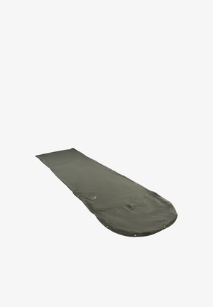 Olijfgroene slaapzak met een taps toelopend ontwerp, voorzien van een rits, drukknopen aan de zijkant en een gladde, duurzame stof.