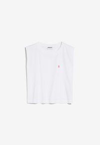 Vit ärmlös crop top med rund halsringning och en liten röd broderad logotyp på vänster bröst.