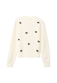 Pull crème à col rond, à manches longues, et ornements en forme de nœud noir harmonieusement répartis sur le devant. Tissu doux et texturé.