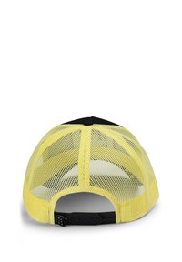 Trucker cap with a black front and bright yellow mesh back, featuring adjustable strap and hexagonal pattern on the mesh.