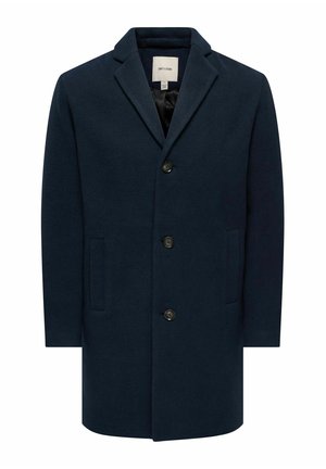Manteau homme bleu marine foncé avec trois boutons, col à revers cranté, poches latérales et doublure intérieure lisse.