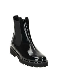 Czarne lakierowane kozaki za kostkę z elastycznymi panelami bocznymi, masywną czarną podeszwą i dekoracyjnym detalem w postaci ćwieków wzdłuż krawędzi podeszwy.