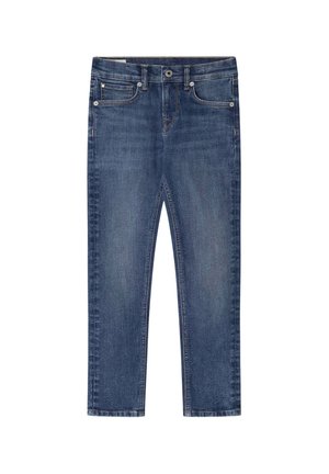 Jeans en denim bleu foncé, conçus avec une coupe droite, featuring une fermeture éclair, cinq poches et des détails de couture subtils.