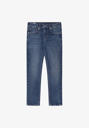 Jeans de denim en azul oscuro, diseñados con un corte recto, con cremallera, cinco bolsillos y detalles de costura sutiles.