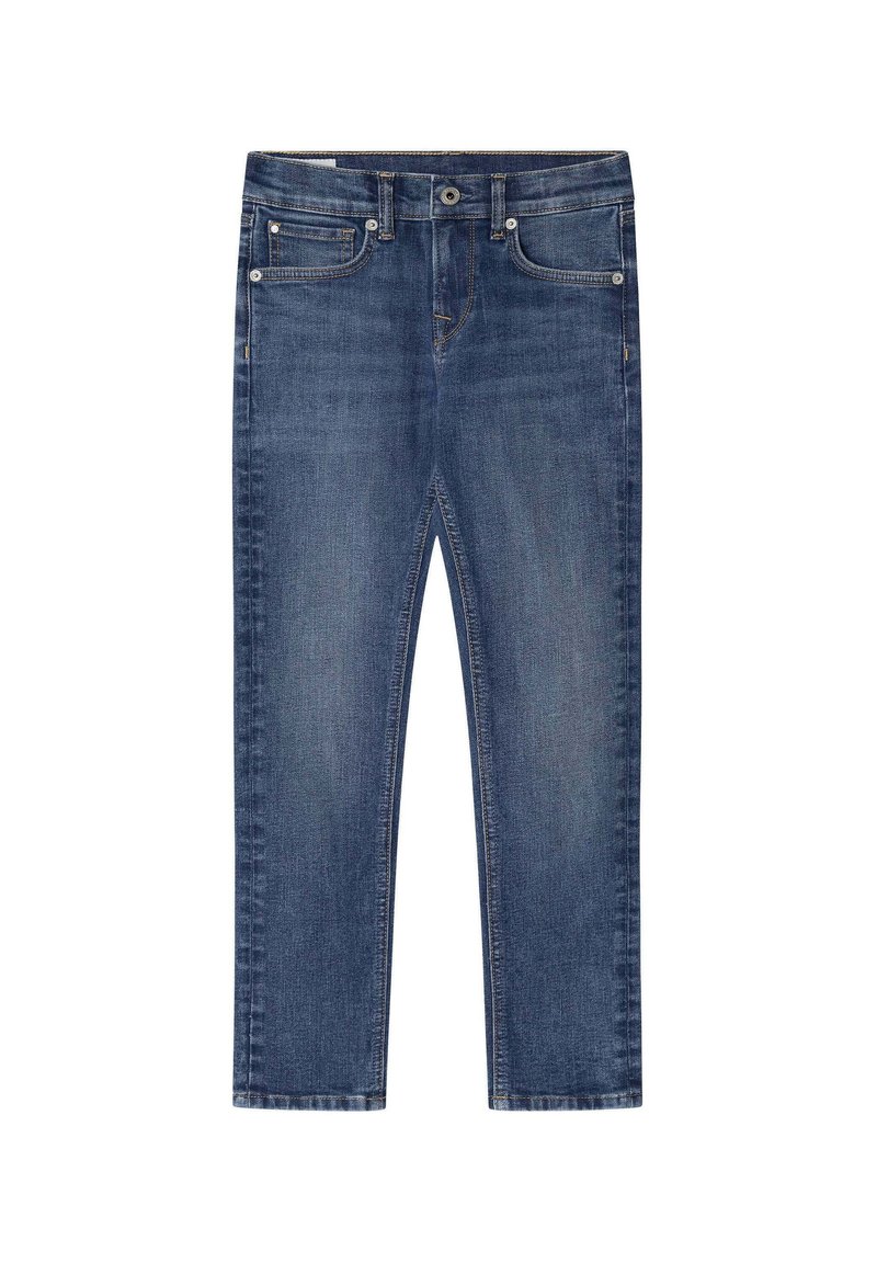 Denim jeans v temno modri barvi, zasnovane s ravnim krojem, opremljene z zadrgo, petimi žepi in diskretnimi šivi.