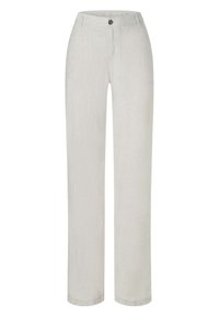 Pantaloni in lino dritti beige chiaro con chiusura a bottone e zip, passanti per cintura e tasche frontali, esposti su uno sfondo bianco.