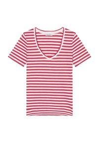 Rød og hvid stribet t-shirt med v-hals, korte ærmer og en blød tekstur, der har et mærke ved halsen.