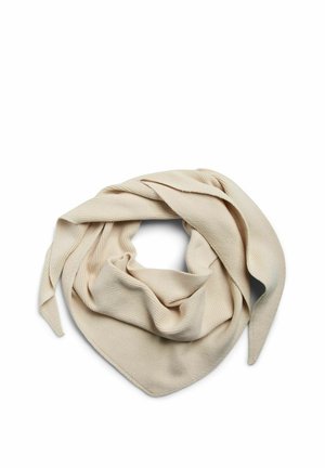 Kremno obarvan trikotni pleteni šal z vzorcem rebraste teksture, rahlo prepognjen z vidnimi ostrimi konicami.