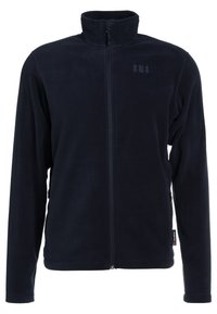 Veste polaire noire zippée intégrale avec col montant, manches longues et petit logo sur la poitrine et l'ourlet.