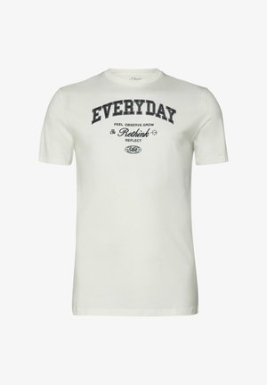 Wit T-shirt met korte mouwen met marineblauwe tekst: "EVERYDAY," "FEEL OBSERVE GROW," "Rethink" en "REFLECT" gecentreerd op de borst.