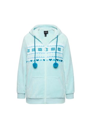 Felpa azzurra chiara con zip realizzata in morbido pile testurizzato. Presenta un motivo geometrico di fiocchi di neve in blu scuro, dettagli con pompon e tasche frontali.