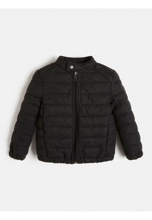 Giacca imbottita nera per bambini con cerniera frontale, colletto con bottoni a pressione, maniche lunghe e polsini e orlo elasticizzati.