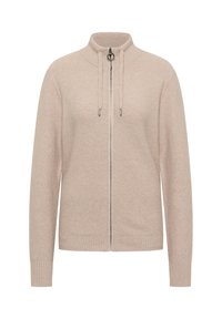 Beige Zip-Up-Pullover mit hohem Kragen, aus strukturiertem Stoff gefertigt. Verfügt über einen gerippten Saum und Bündchen sowie Kordelzüge am Kragen.