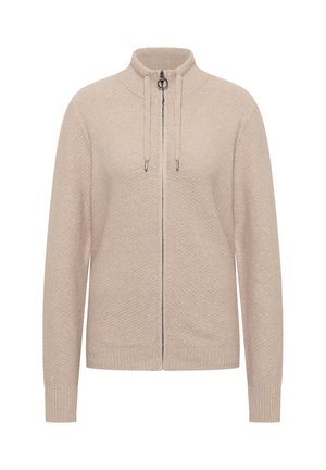 Beige zip-up sweater met hoge kraag, vervaardigd van een gestructureerde stof. Bevat een geribde zoom en manchetten, en trekkoordaccenten op de kraag.