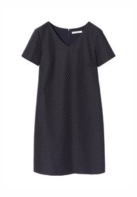 Navy dress made of textured fabric featuring a V-neck, short sleeves, and a polka dot pattern in gold accents. Back zip closure.