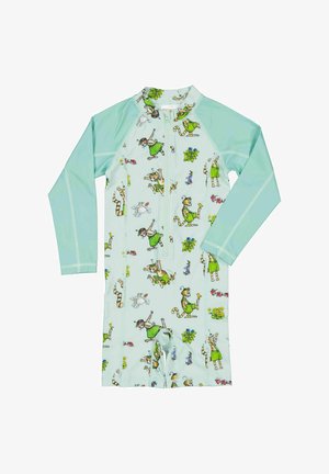 Lasten pitkähihainen uimapuku, jossa on etuvetoketju, vaaleanvihreät hihat ja leikkisiä eläin- ja kasvi-aiheisia kuvituksia valkoisella taustalla.