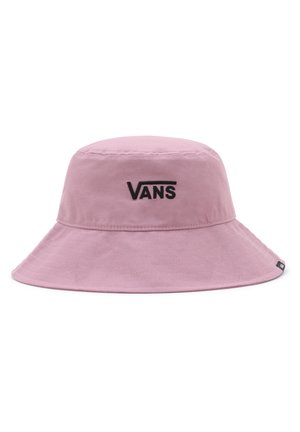Jasnofioletowy kapelusz typu bucket z czarnym logo Vans wyszytym z przodu i szerokim, opadającym rondem.