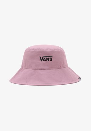 Jasnofioletowy kapelusz typu bucket z czarnym logo Vans wyszytym z przodu i szerokim, opadającym rondem.