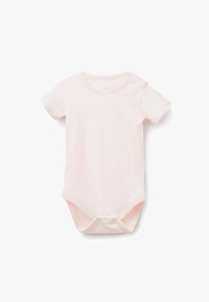 Kurzärmeliges rosafarbenes Bodysuit aus weicher Baumwolle. Mit rundem Ausschnitt und Druckknöpfen am Boden für einfaches Ankleiden.