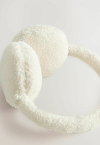 White fleece ear muffs with a soft, fluffy texture and rounded ear cups. The headband is also covered in the same material.