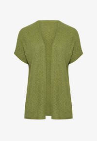 Cárdigan de punto verde de manga corta y apertura frontal, con un sutil patrón de zigzag texturizado y un ajuste relajado.