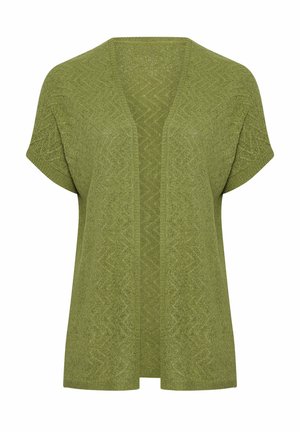 Groene korte mouw open voorzijde gebreide cardigan met subtiel zigzagpatroon en een losse pasvorm.