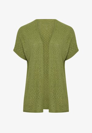 Cardigan verde a maniche corte con apertura frontale, lavorato a maglia con un sottile motivo a zigzag e vestibilità ampia.