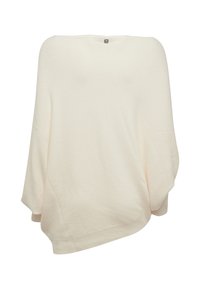 Maglione oversize color beige chiaro realizzato in materiale morbido, con scollo a barca e maniche a pipistrello, caratterizzato da un orlo leggermente asimmetrico.
