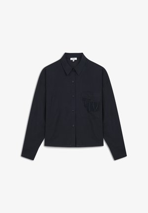 Marineblauwe langemouwen shirt van lichtgewicht stof, met een button-down kraag en een voorzak met reliëfdesign.