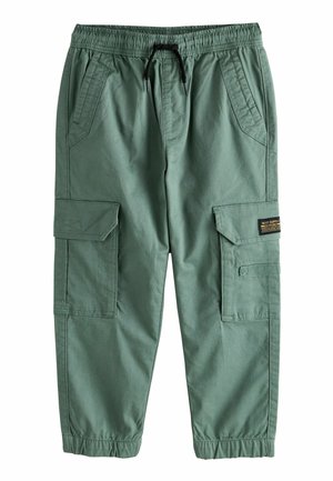 Pantaloni cargo con vita elastica in un verde tenue, dotati di tasche laterali, cordoncino regolabile e polsini elastici. Realizzati in morbido cotone.