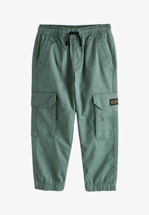 Rugalmas derékú cargo nadrág, tompa zöld színben, oldalsó zsebekkel, állítható zsinórral és rugalmas mandzsettákkal. Puha pamut anyagból készült.