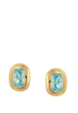 Gold stud earrings with rectangular faceted light blue gemstones set in smooth gold frames.
