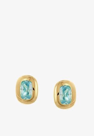 Goldene Ohrstecker mit rechteckigen, facettierten hellblauen Edelsteinen, eingefasst in glatte goldene Rahmen.