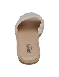 Beige espadrille slide with a textured fabric upper, open-toe design, and a simple stitched sole featuring a logo.