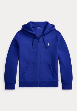 Sweat à capuche zippé bleu avec poches avant, cordon de serrage à la capuche et petit logo blanc Polo Ralph Lauren sur la poitrine gauche.