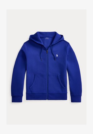 Kék cipzáras kapucnis pulóver elülső zsebekkel, húzózsinóros kapucnival és kicsi fehér Polo Ralph Lauren logóval a bal mellrészen.