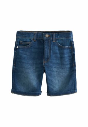 Denim kratke hlače v temno modri barvi z gladko teksturo, z gumbom za zapiranje, petimi žepi in zavihanimi robovi za sproščen videz.