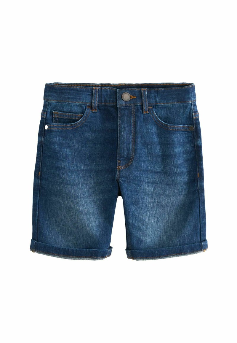 Shorts in denim blu scuro con una texture liscia, dotati di chiusura a bottone, cinque tasche e orli risvoltati per un look casual.